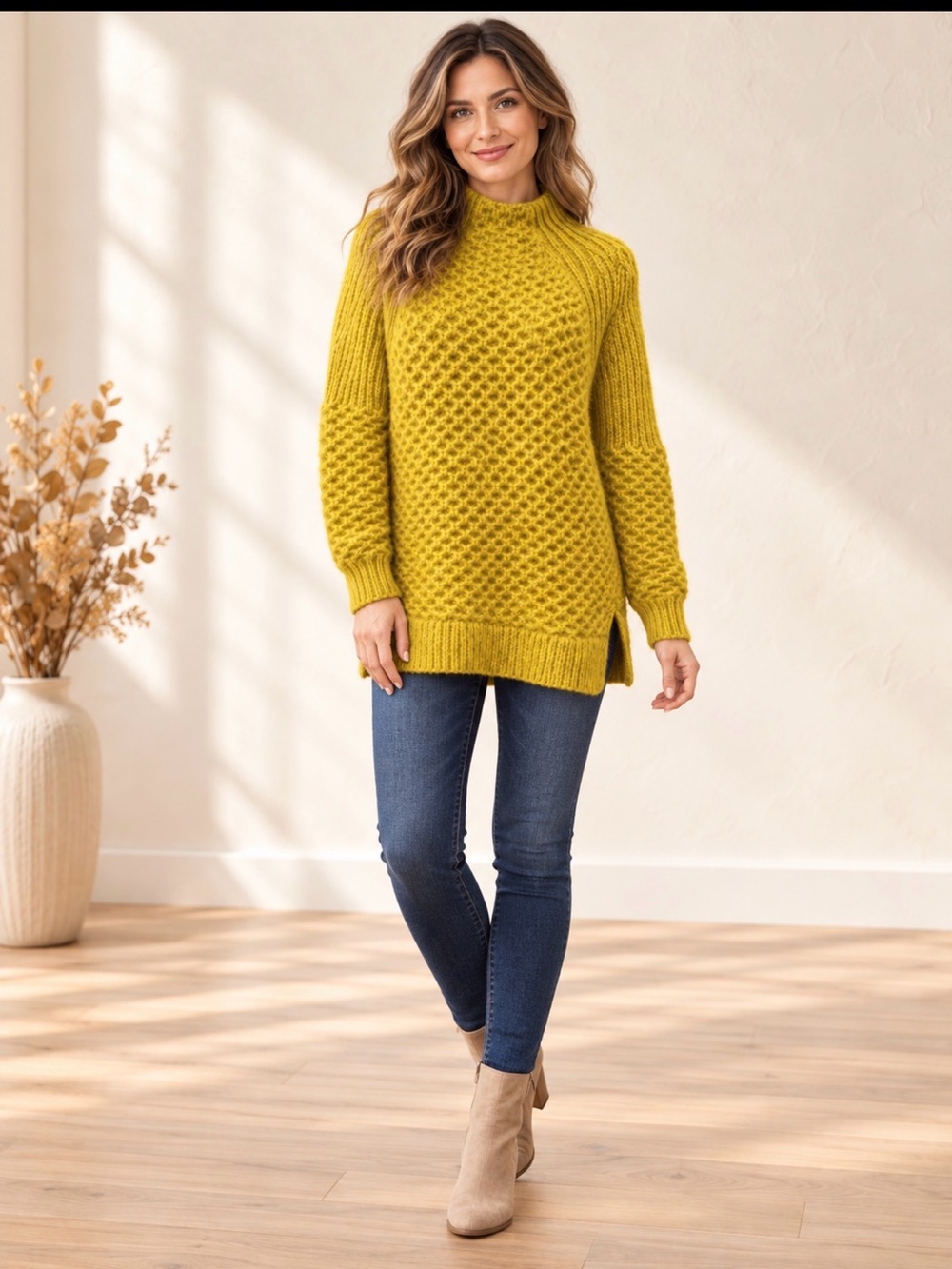 Anthropologie Bia Mock Neck Bright Lime Yellow Sweater Tunic Medium